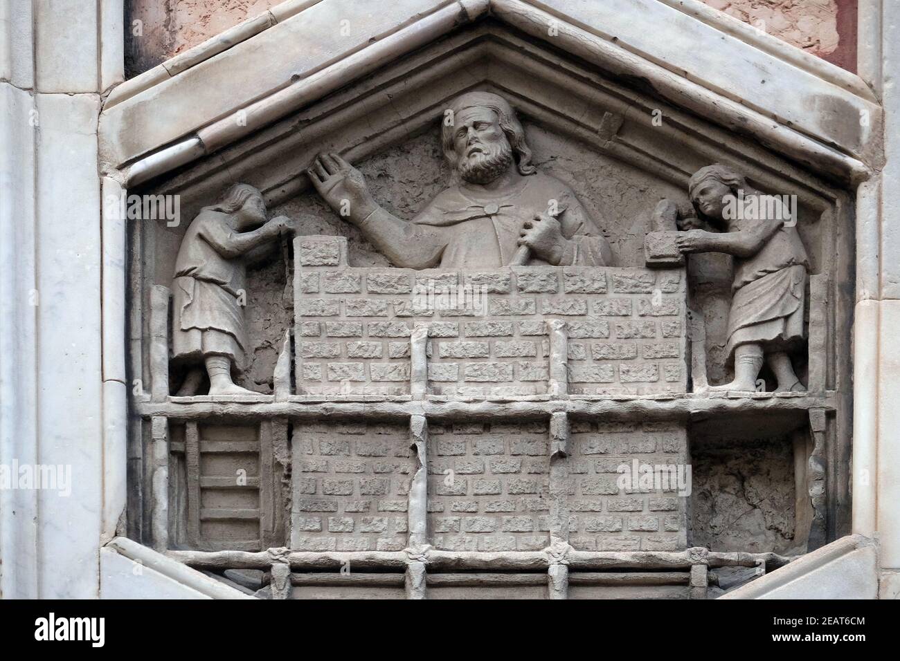 Allegory of the art of building from the workshop of Andrea Pisano, Relief on Giotto Campanile of Cattedrale di Santa Maria del Fiore (Cathedral of Saint Mary of the Flower), Florence, Italy Stock Photo