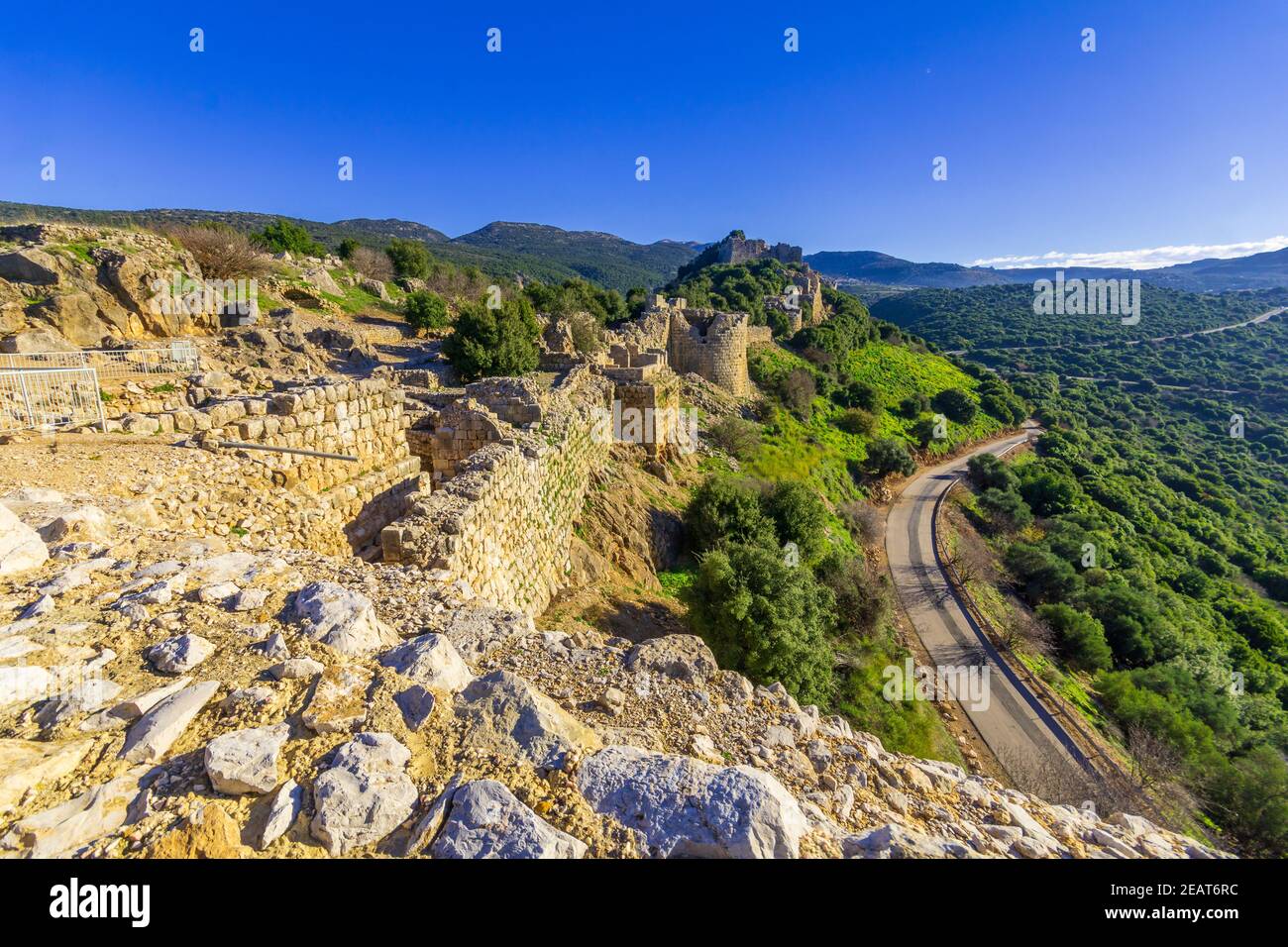 View of the Medieval Nimrod Fortress and nearby landscape, in the Golan Heights, Northern Israel Stock Photo