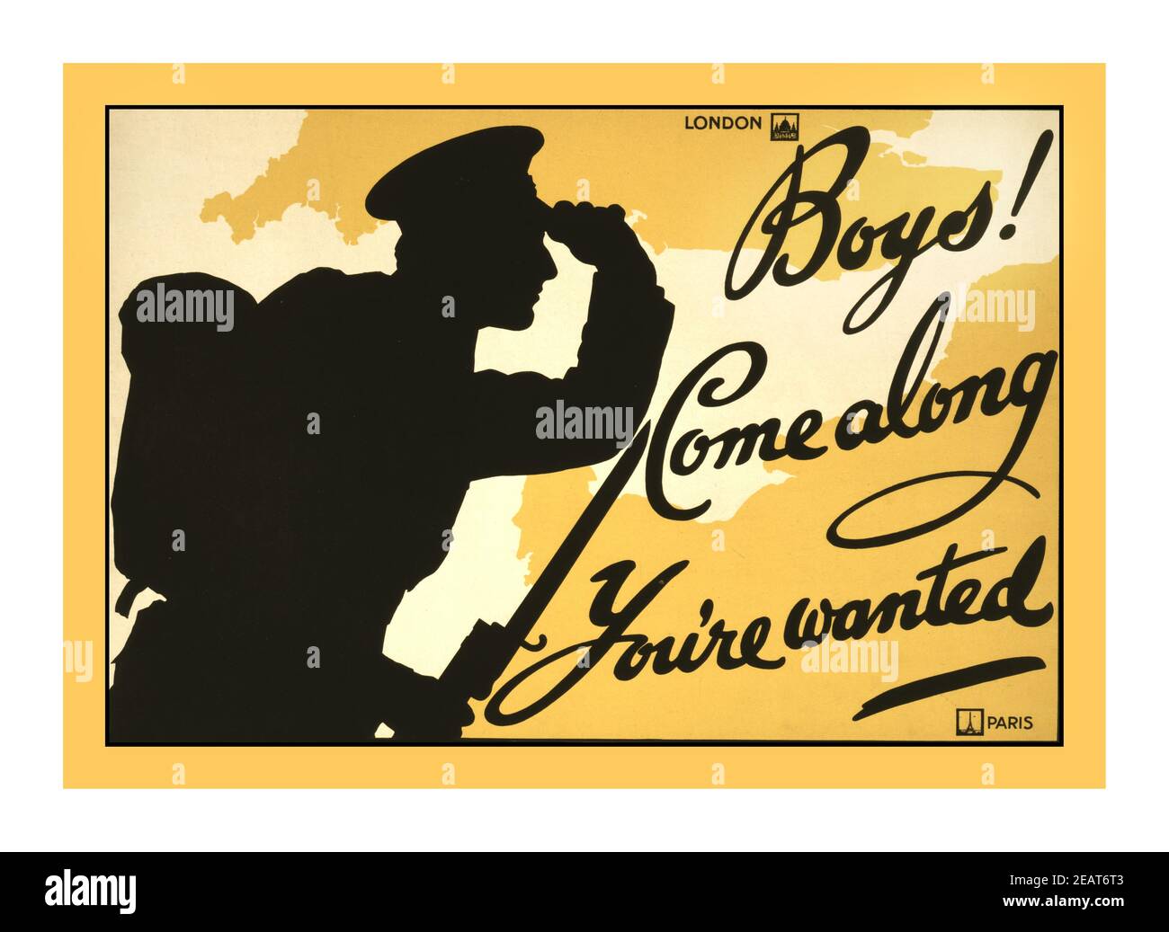 Vintage World War I Recruitment Poster   ‘Boys! Come along, you're wanted’ / printed by David Allen & Sons Ld., Harrow, Middlesex. Date Created/Published: London : Parliamentary Recruiting Committee, [1915] Medium: 1 print (poster) : lithograph, color ;   Poster showing a silhouette of a soldier against a map featuring London and Paris. Stock Photo