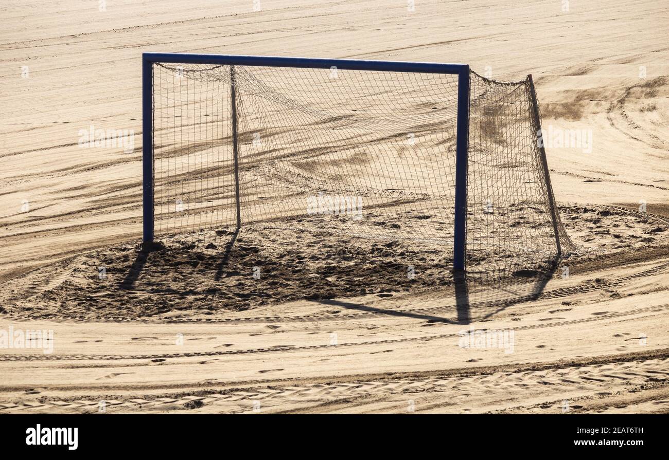 Goal, goalposts on beach. Beach football Stock Photo