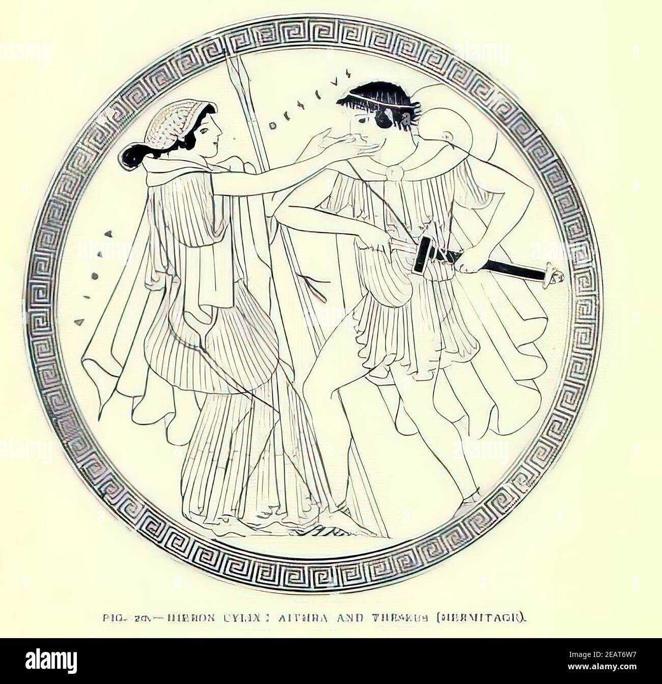 Illustration of Aethra (a character in Greek mythology) with her son Theseus, taking out his sword Stock Photo