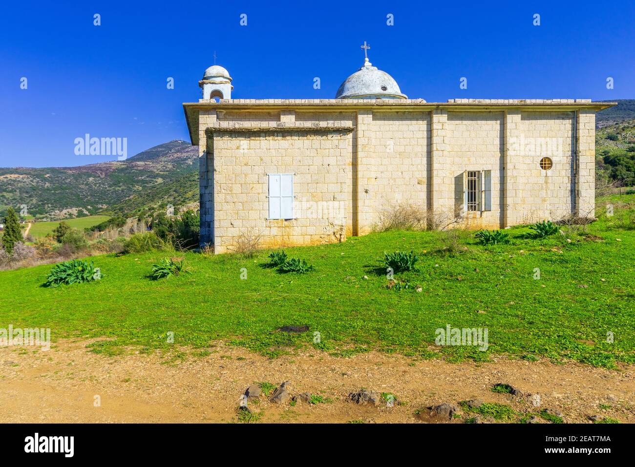 View of the Banias Spring Church, in the Golan Heights, Northern Israel Stock Photo