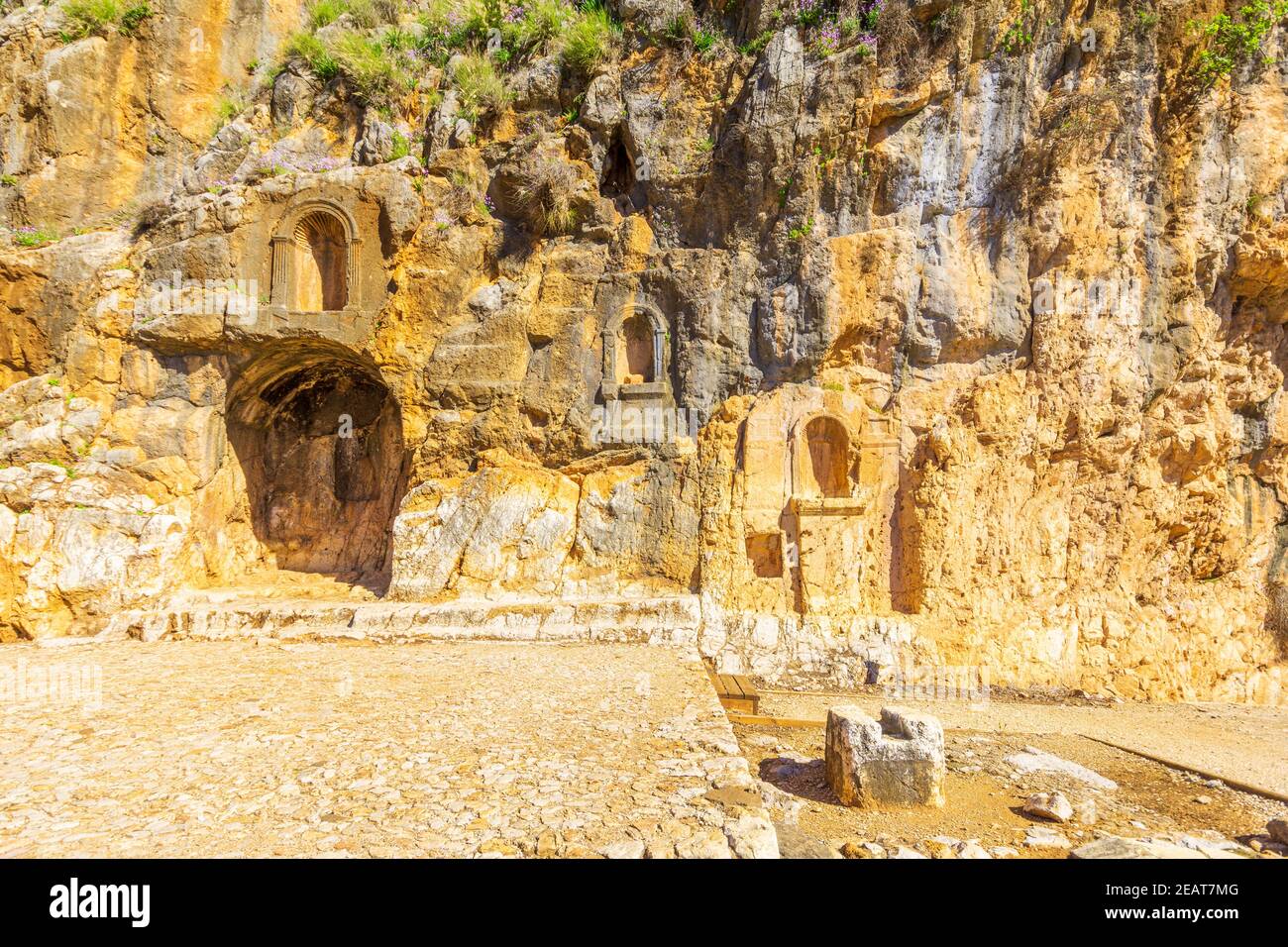 View of the remains of the Shrine and Cave of Pan, in the Hermon Stream (Banias) Nature Reserve, Upper Galilee, Northern Israel Stock Photo