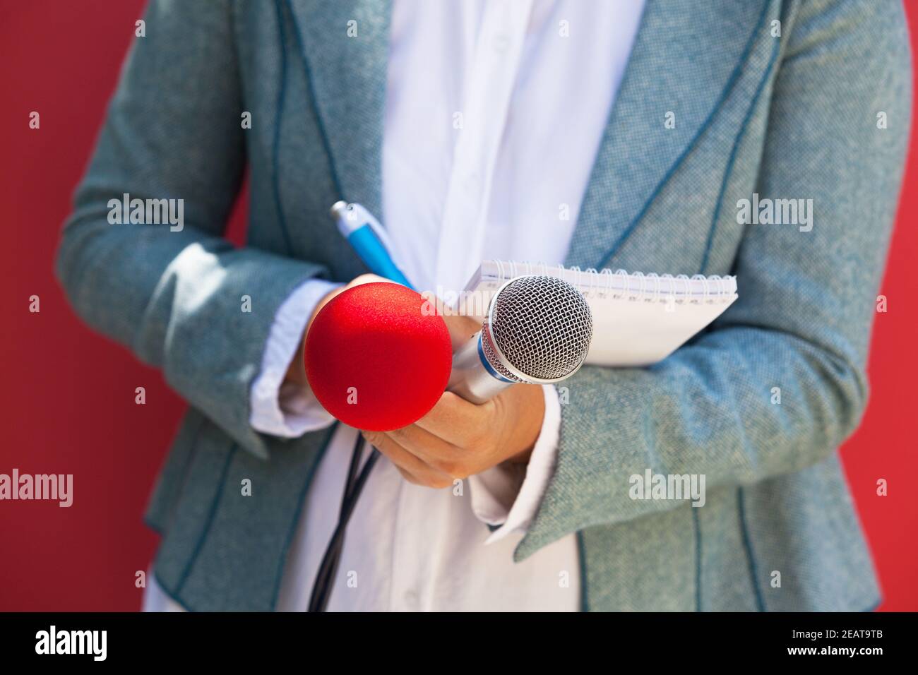 Female reporter at press conference, writing notes, holding microphone. Journalism concept. Stock Photo