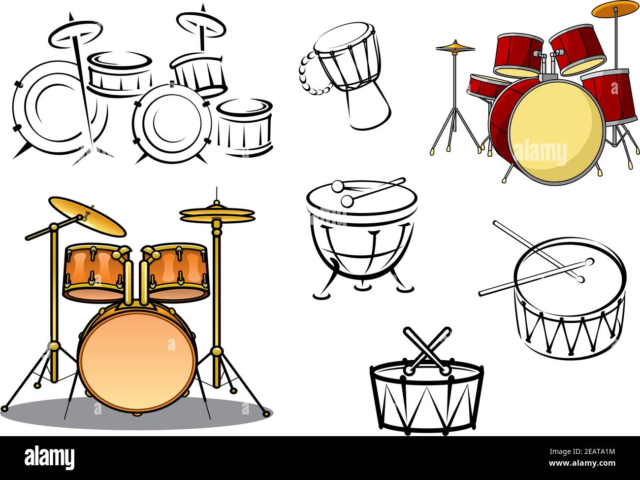 Drum sets, timpani, snare drum, bass drum and congas in cartoon and sketch style for percussion and music design Stock Vector