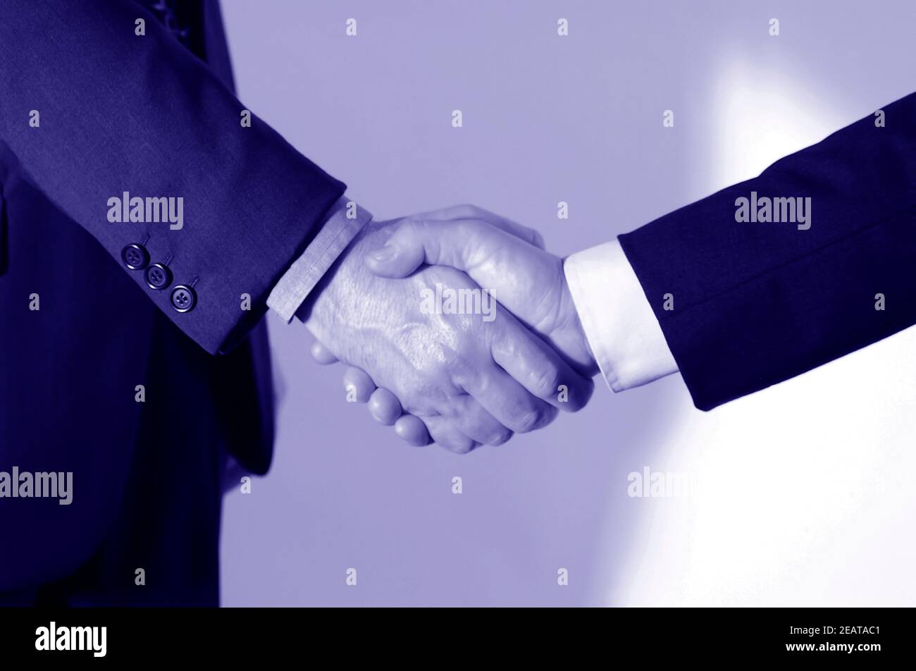 Handshake between two elegant businessmen, monochrome photo Stock Photo