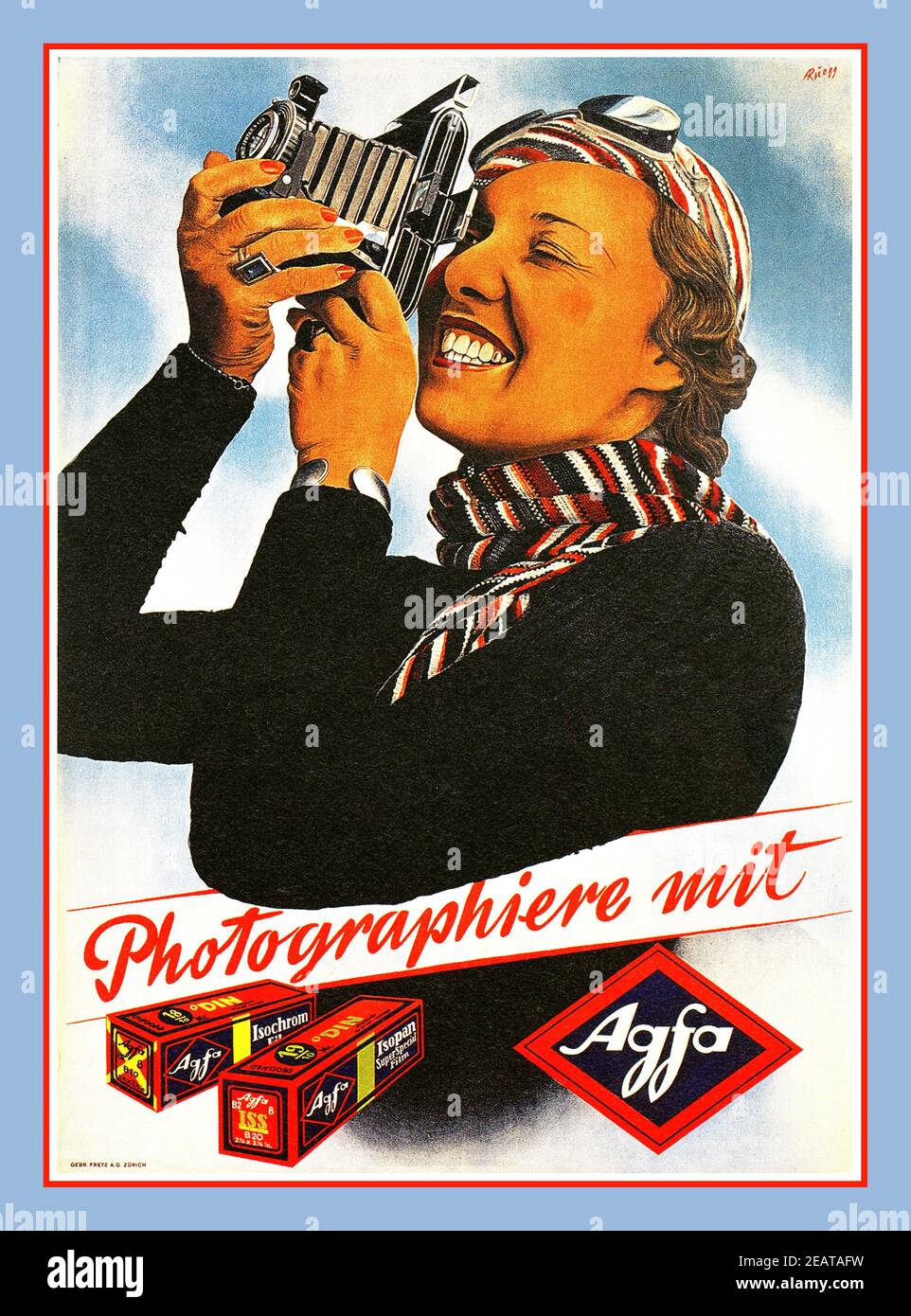 AGFA Vintage 1930's Agfa Film and Camera Advertisement Poster by artist Albert Rüegg featuring an attractive stylish lady holding an Agfa roll film bellows camera.  'PHOTOGRAPHIERE mit Agfa', a high quality West German photographic manufacturing company (very popular in the 1930s-1980's) Germany 1937 Stock Photo