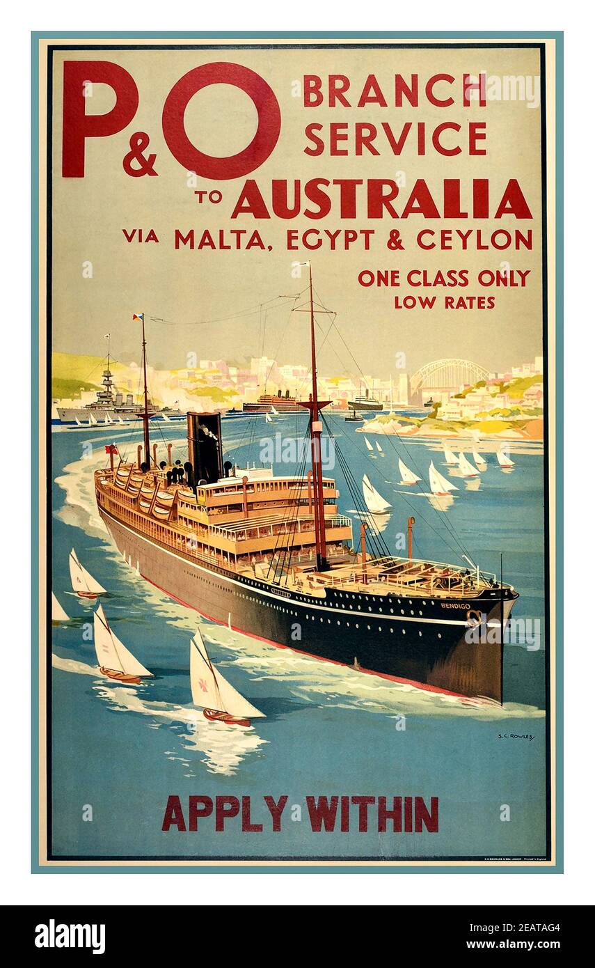 P&O Vintage Travel Poster 1930's P&O BRANCH SERVICE to Australia Malta Egypt Ceylon Sydney Harbour One Class only low rates apply within. Illustration of liner Bendigo sailing out of Sydney Harbour surrounded by sailing boats reflected on blue water with a warship and other ships moored along the harbourside leading to Sydney Harbour Bridge and the city in the distance. Artwork by Stanley Charles Rowles (b.1887). The Bendigo (1922-1936) was named after a town in northern Victoria Australia. The British shipping company P&O (Peninsular and Oriental Steam Navigation Company founded in 1837 Stock Photo