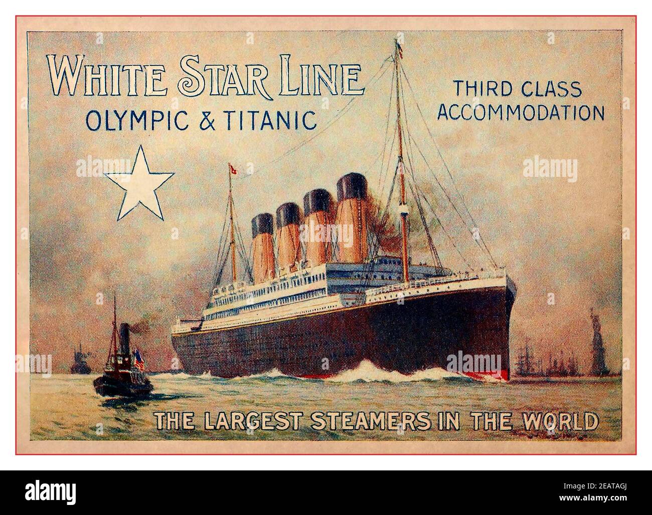TITANIC & OLYMPIC 1900's Brochure Advertisement colour page by White Star Line offering Third Class Accommodation in The Largest Steamers In The World 1910 Stock Photo