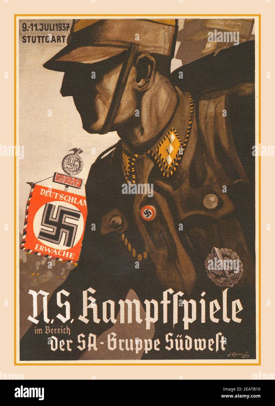 Vintage Nazi SA Propaganda: 1937,  'N.S. Fighting Games of the SA Group Southwest Stuttgart', NS-K The Sturmabteilung often shortened to SA was a paramilitary group for the German Nazi Party. Their leader was Ernst Röhm. The group was important in helping Adolf Hitler gain power in the 1930s. 1937, 'N.S. Kampfspiele der SA-Gruppe Südwest Stuttgart', illustration NS fighters and NS standard Deutschland Erwache ‘Germany Awake’ 1930’s Stock Photo