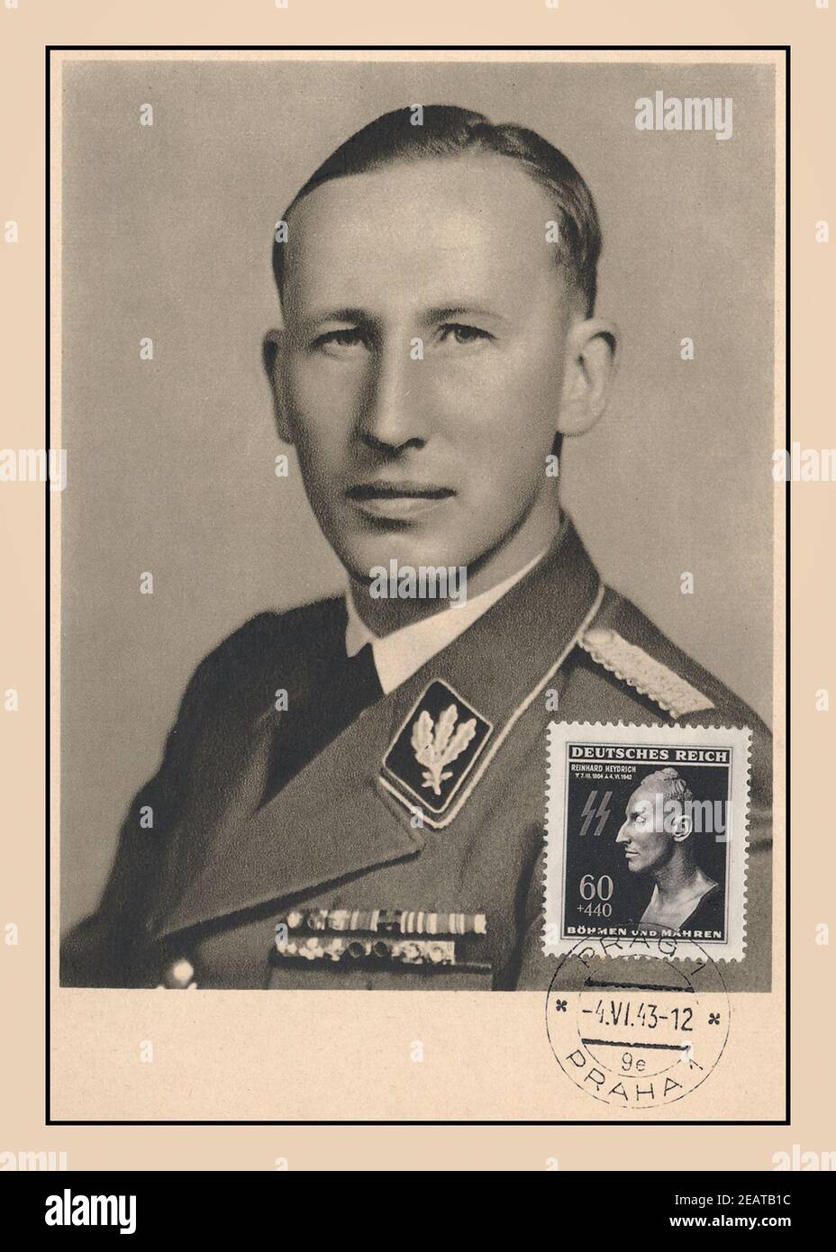 HEYDRICH 1943, WW2 portrait of senior Nazi Waffen SS-Obergruppenführer Reinhard Heydrich, a brutal fervent Nazi, responsible for countless war crimes. A favourite of Adolf Hitler. Subsequent commemorative card with his death mask used as a stamp after his very timely brave assasination in Prague Czechoslovakia World War II Reinhard Tristan Eugen Heydrich was a high-ranking German SS and police official during Nazi era &/main architect of the Holocaust. He was chief of the Reich Main Security Office, also Stellvertretender Reichsprotektor of Bohemia and Moravia. Second World War World War II Stock Photo