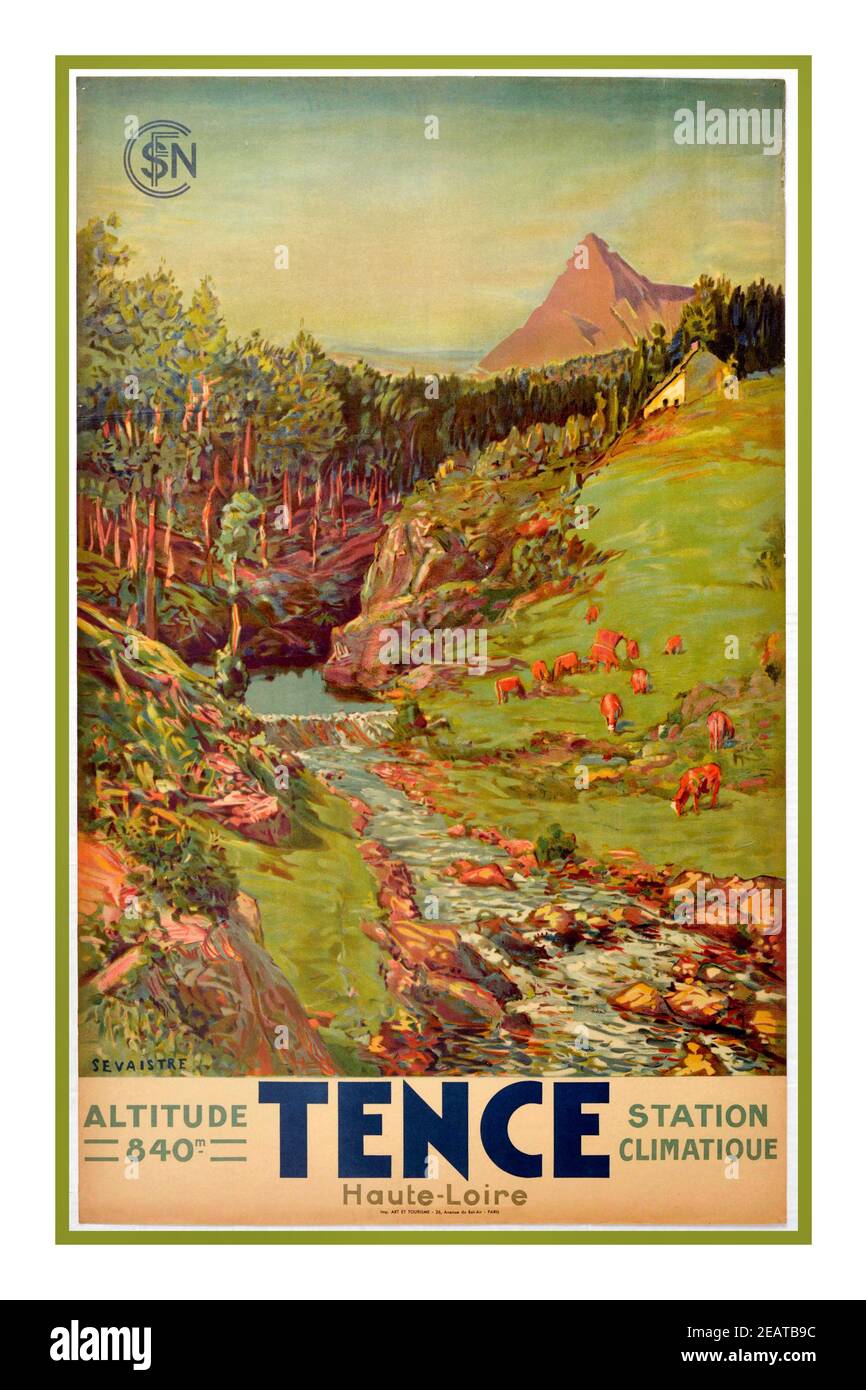 Vintage 1930’s Travel Poster Tence Haute Loire France Travel.  Original vintage travel poster for Tence - a commune in the Haute-Loire department in south-central France - artwork Lithograph by Conrad & Sevaistre features cows grazing on a hillside next to a stream with a forest, cottage and mountain in the distance. Printed in Paris. Country of issue: France, designer: Conrad & Sevaistre, year of printing: 1930s Stock Photo