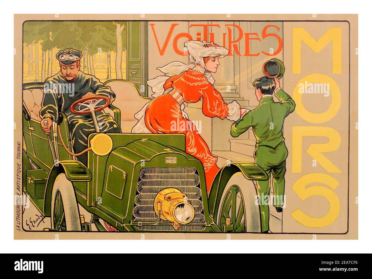 Vintage 1900’s French Motorcar Poster ‘Voitures Mors’ by artist Georges Gaudy (1872-1940 ) Voitures Mors original Lithograph poster printed by La Lithographie Artistique, Tournai Belgium 1906  Mors Motorcar company became Citroen in 1908 Stock Photo