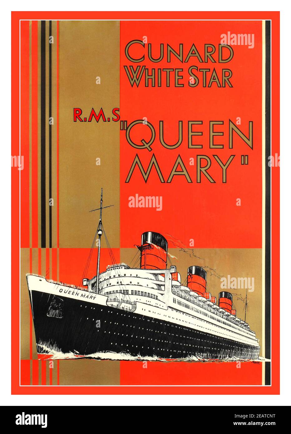 RMS QUEEN MARY 1930's CUNARD WHITE STAR Vintage Ocean Liner Poster by William Jarvis. Cunard White Star R.M.S Queen Mary, original Lithograph poster printed by British Colour Printing Co. Ltd 1936  RMS Queen Mary 1936 Advertising promotional poster for the flagship Ocean Liner of  Cunard-White Star Line  Poster design by William Howard Jarvis (1903-1964). Stock Photo
