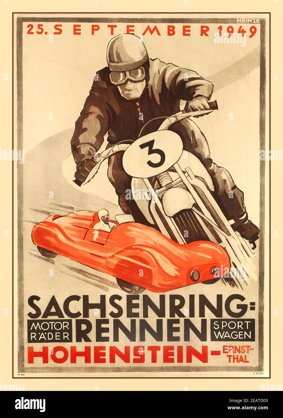 Vintage Motorcycle Racing Poster sports event 1940’s The Sachsenring motorsport racing circuit located in Hohenstein-Ernstthal near Chemnitz in Saxony, Germany. It features the annual German motorcycle Grand Prix of the FIM Grand Prix motorcycle racing world championship. Sachsenring-rennen Hohenstein Ernstthal, original poster printed in Germany 1949 Artist Heinze Stock Photo