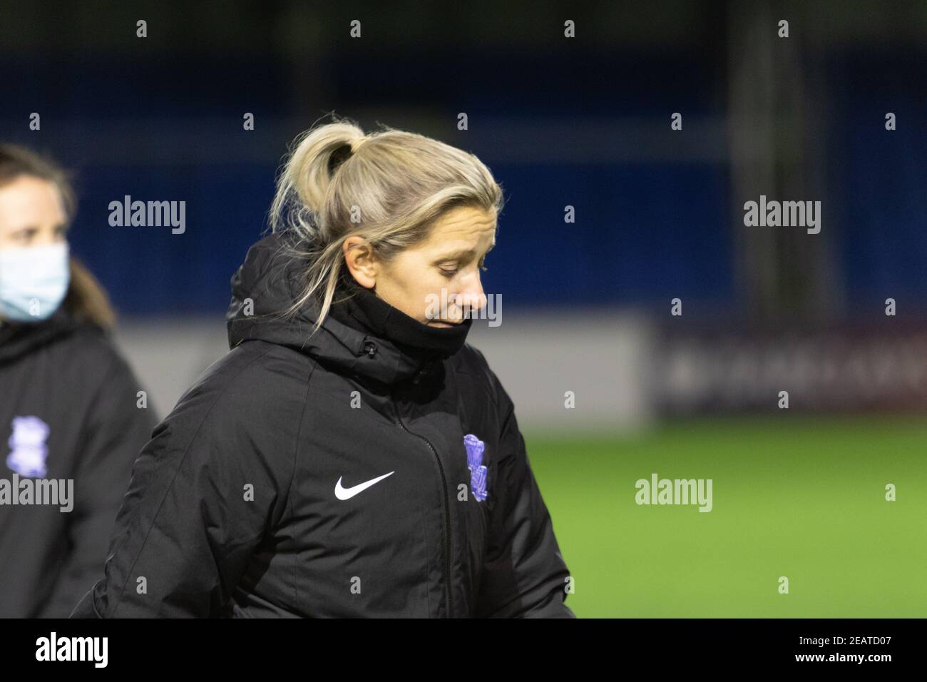 Solihull, West Midlands, 10th February, 2021. Womes Super League match between Birmingham rivals Birmingham City FC and Aston Villa at the Solihull Moors ground, Solihull has been postponed due to a frozen pitch. Birmingham City manager Carla Ward after the announcement. Credit: Peter Lopeman/Alamy Live News Stock Photo