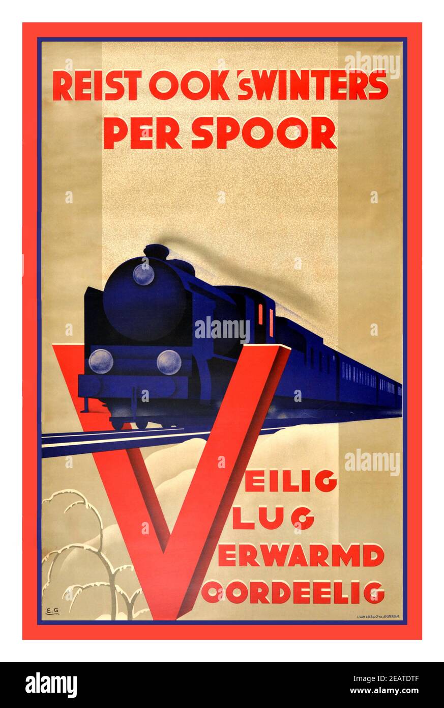 1930's Dutch Rail Travel Poster Railway Travel Winter Art Deco Original travel railway advertising poster titled 'Travel by rail in the winter also - Safe, comfortable, heated, advantageous.' Designed by artist Emmanuel Gaillard, who worked as a designer at the printing company Van Leer & Co in Amsterdam, poster promotes winter travel via rail, and features a futuristic art deco style graphic of a dark blue steam train with bold large red lettering. Country of issue: Netherlands, designer: Emmanuel Gaillard, 1930s Stock Photo