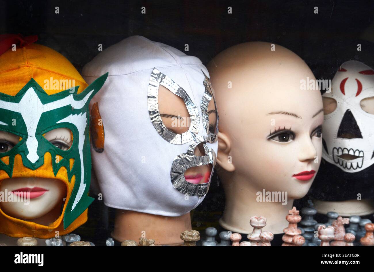 Souvenir Mexican lucha libre masks, similar to those worn by professional wrestlers, for sale in a shop in San Antonio, Texas. Stock Photo
