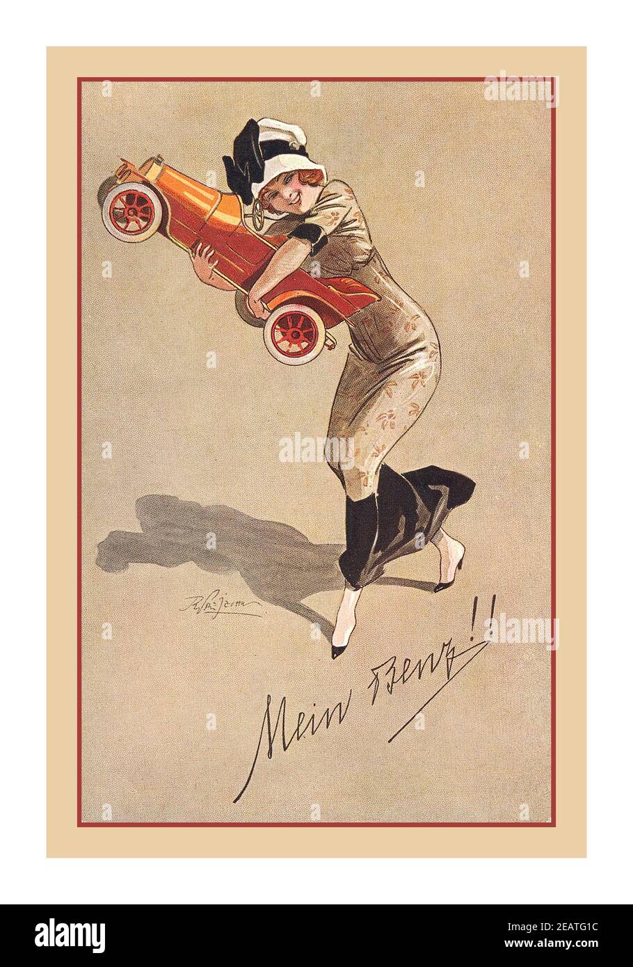 Vintage BENZ illustration advertising German Benz Motorcars with 1900's attractive stylish woman clutching her favourite open tourer car with the caption MEIN BENZ Stock Photo