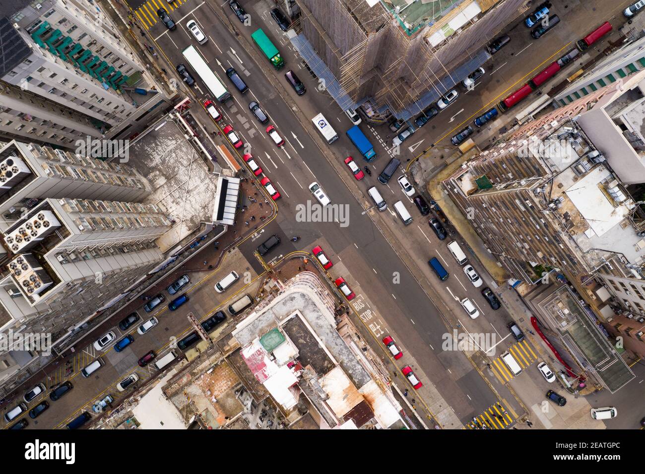 Sham Shui Po, Hong Kong, 14 April 2019: Top down view of Hong Kong traffic Stock Photo