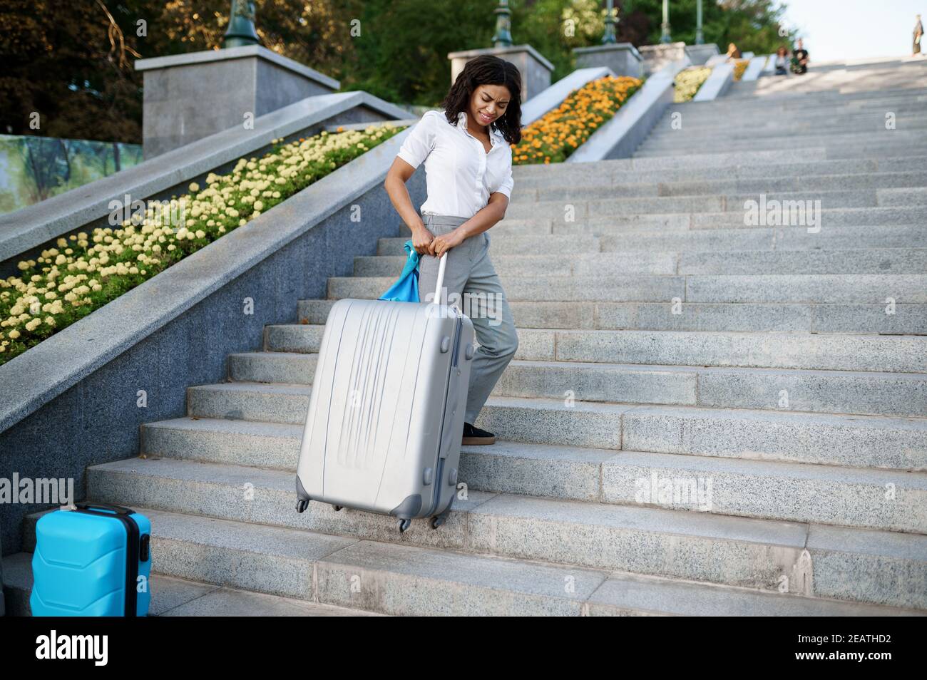 Woman carries heavy suitcase by the stairs in park Stock Photo Alamy
