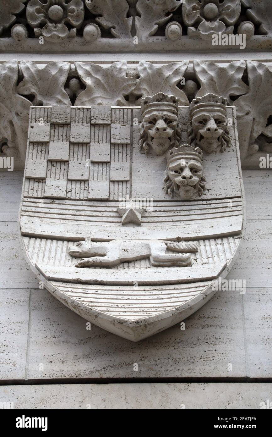 Coat of Arms of the Kingdom of Croatia, Slavonia and Dalmatia on the portal of the cathedral in Zagreb Stock Photo
