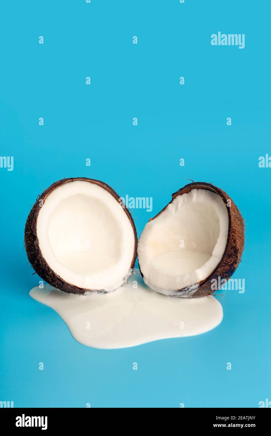 Coconut cream or butter with fresh coconuts on a blue background. White