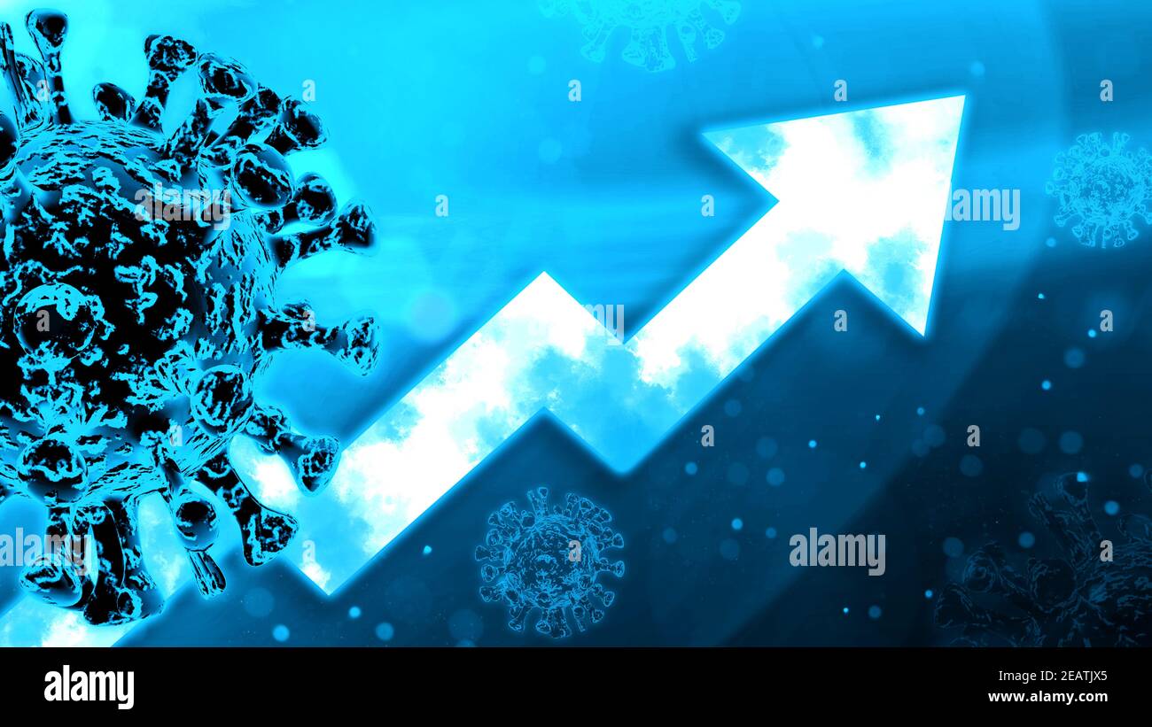 blue digital 3d virus rise of the second corona wave. microbes with an upward arrow symbolize increasing numbers of infections.. Stock Photo