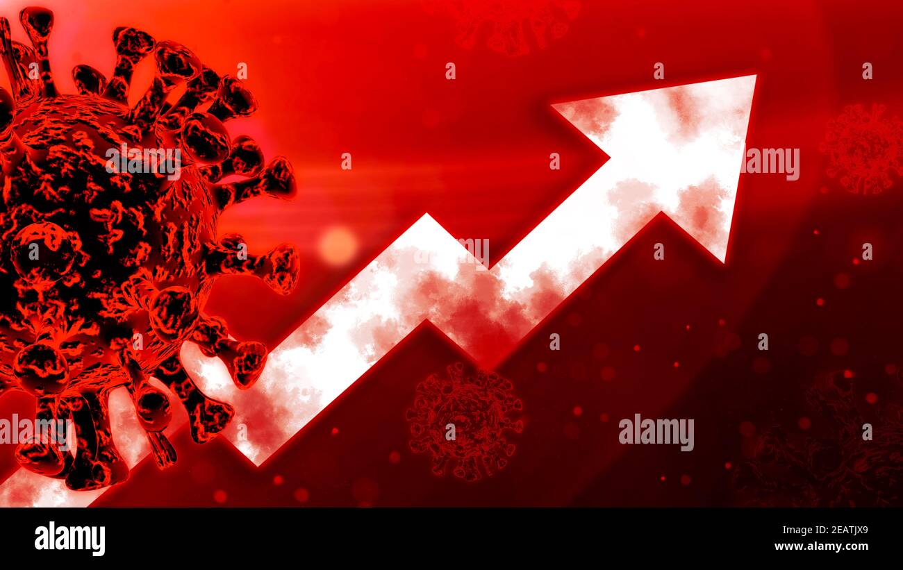 red digital 3d virus rise of the second corona wave. microbes with an upward arrow symbolize increasing numbers of infections. Stock Photo