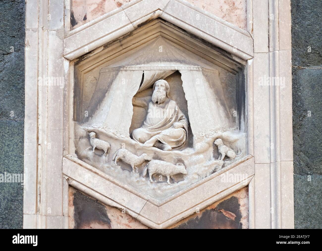 Jabal by Nino Pisano, 1334-36., Relief on Giotto Campanile of Cattedrale di Santa Maria del Fiore (Cathedral of Saint Mary of the Flower), Florence, Italy Stock Photo