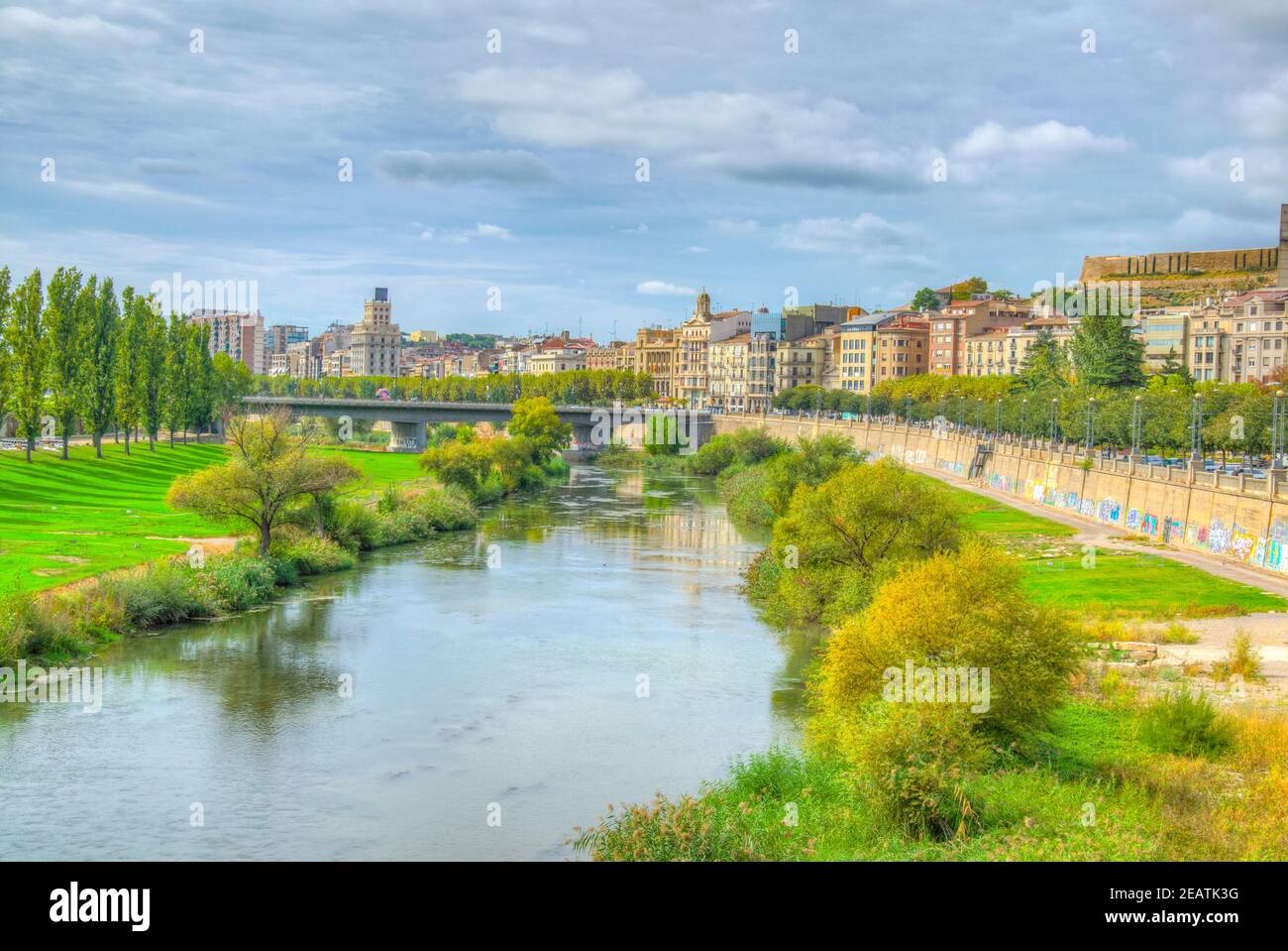 Riverside of river Segre at Lleida, Spain Stock Photo