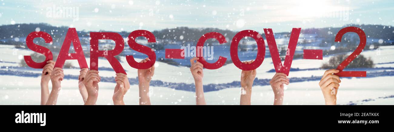 People Hands Holding Word Sars-Cov-2, Snowy Winter Background Stock Photo