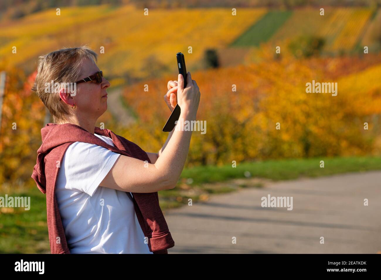 Woman is tipping on her smartphone in autumn Stock Photo