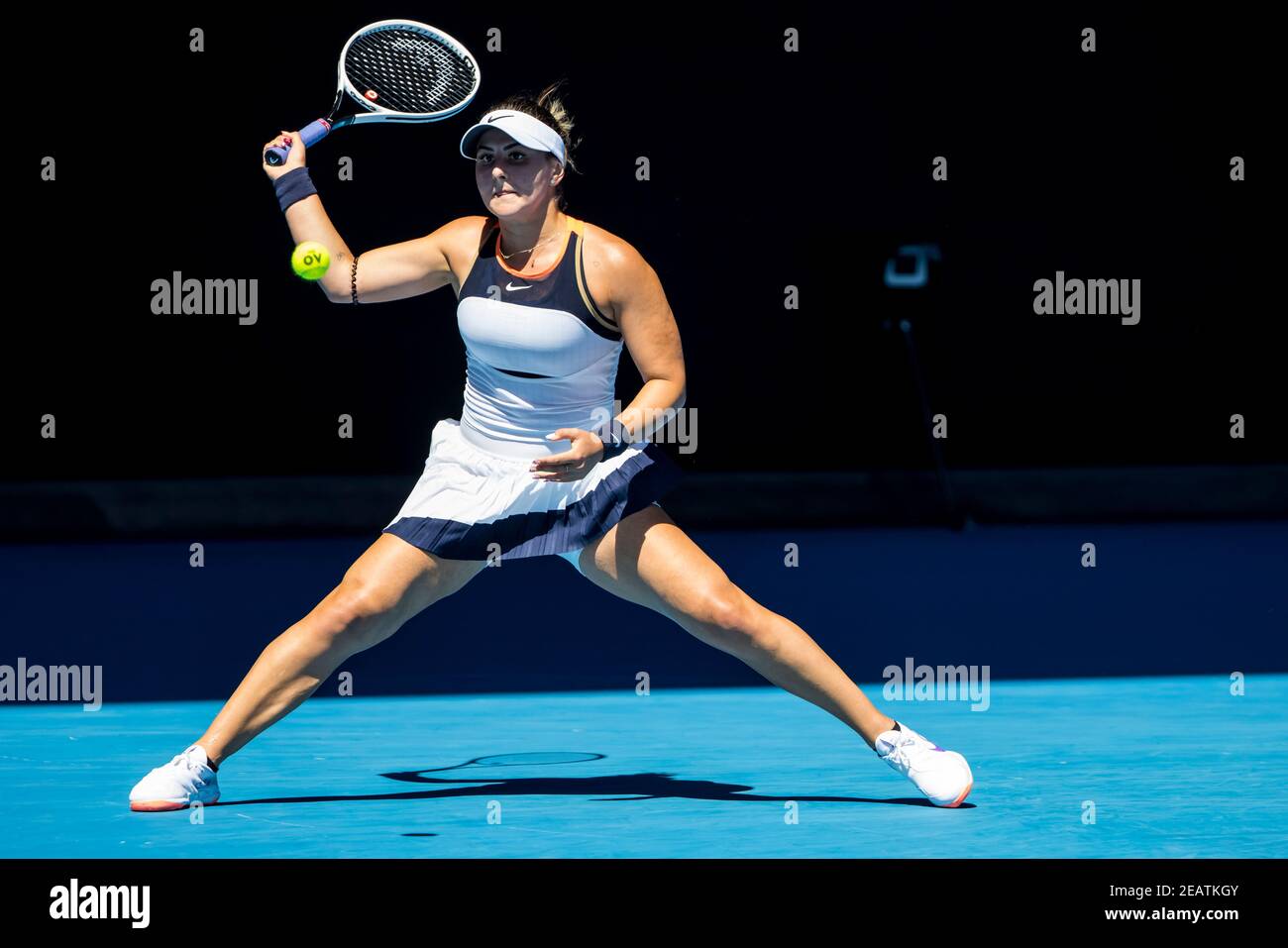 Melbourne, Victoria, Australia. 10th Feb, 2021. Bianca Andreescu of Canada  returns the ball during round 2 of the 2021 Australian Open on February 10  2020, at Melbourne Park in Melbourne, Australia. Credit: