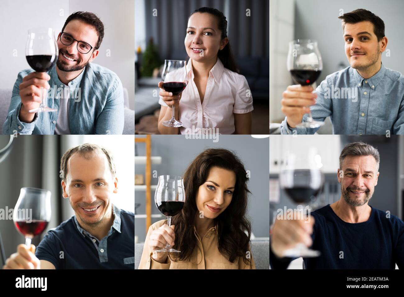 Man Drinking Red Wine In Video Conference Stock Photo