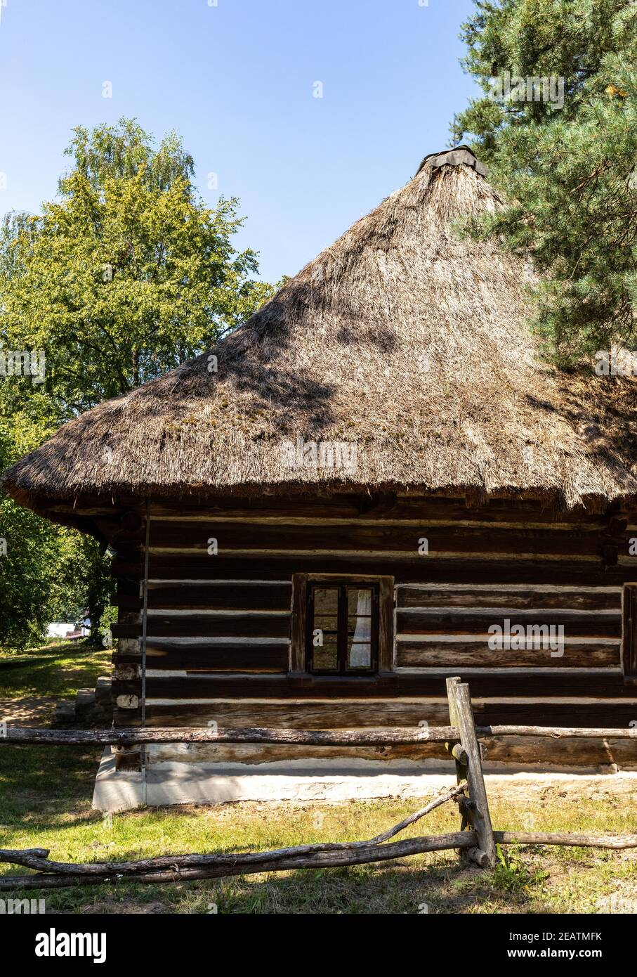 Wooden rural cottage from the 19th century in Wygiezlow. Malopolska, Poland Stock Photo