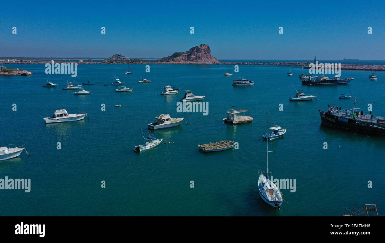 Aerial view of the fishing and tour boats in the stone island pier in