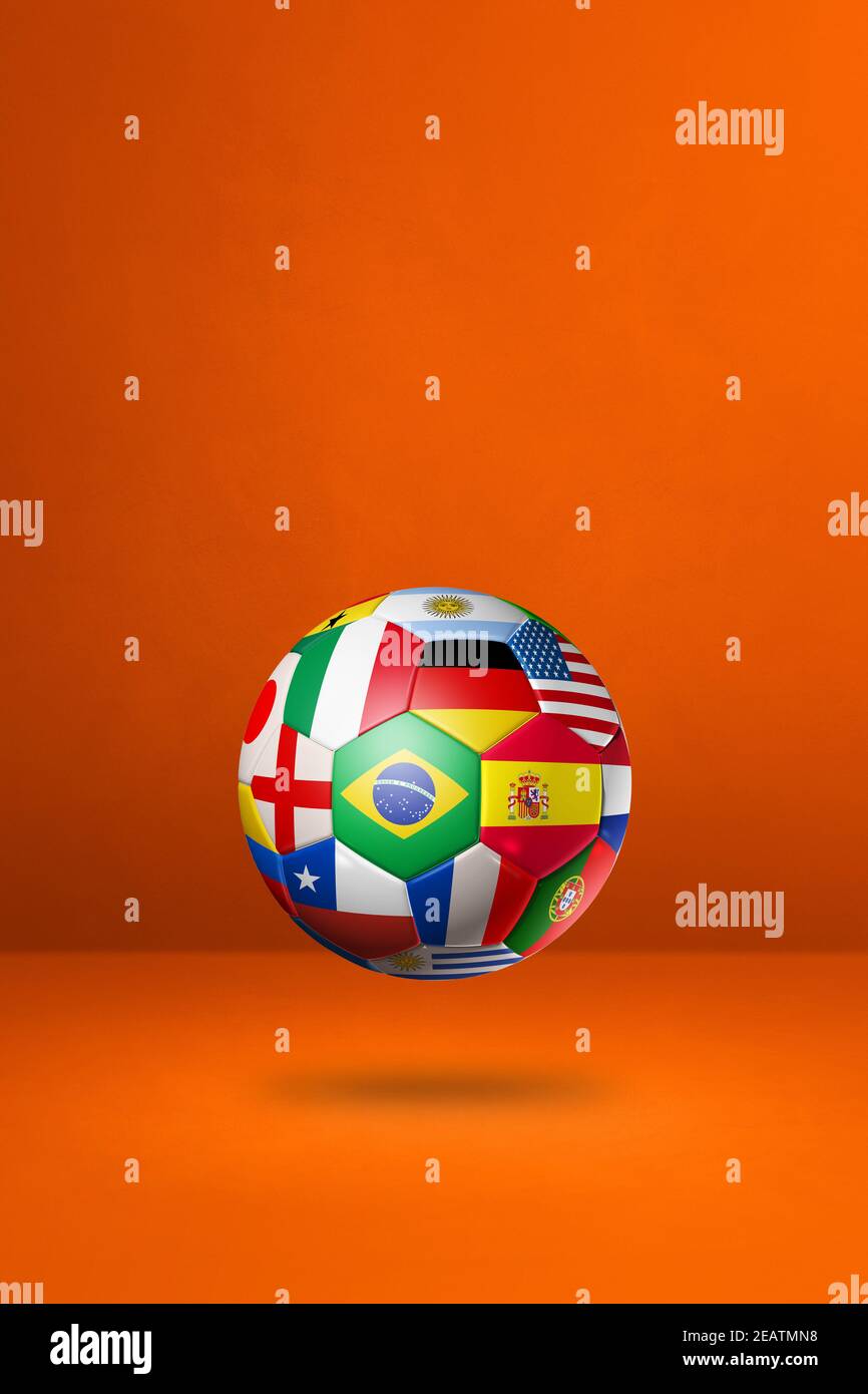 Football soccer ball with national flags on a orange studio background Stock Photo