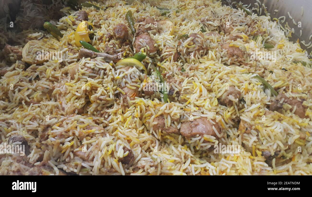 A close up  view of cooked rice chicken biryani made with traditional recipe Stock Photo
