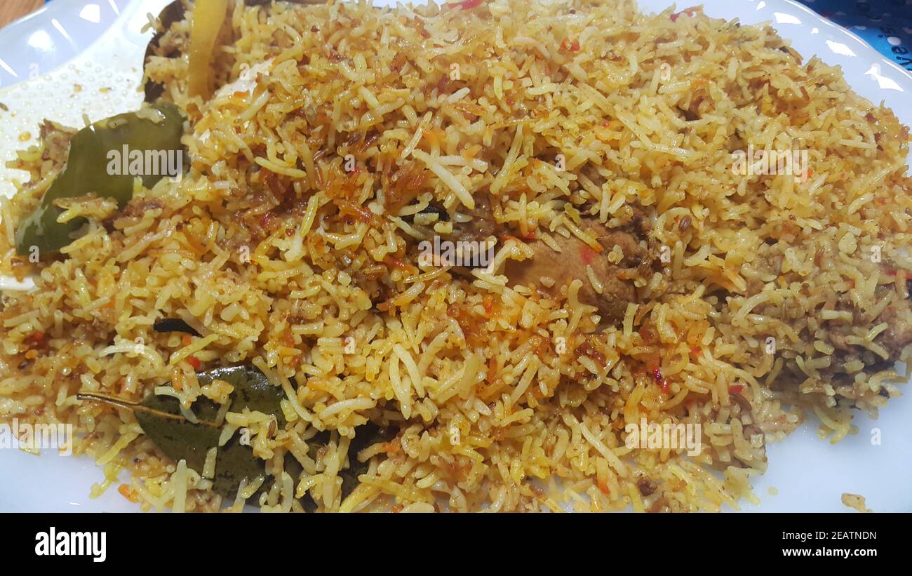 A close up  view of cooked rice chicken biryani made with traditional recipe Stock Photo