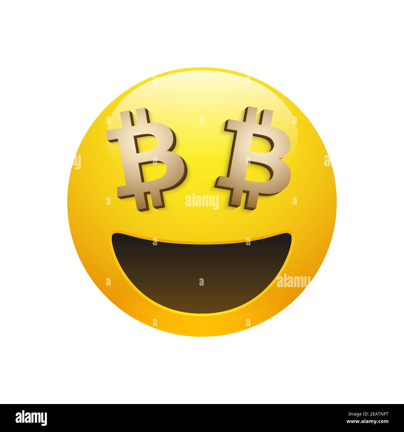 Vector yellow glossy smiley emoticon with golden bitcoin sign eyes and mouth on white background. Funny cartoon Emoji icon. 3D illustration for chat o Stock Vector