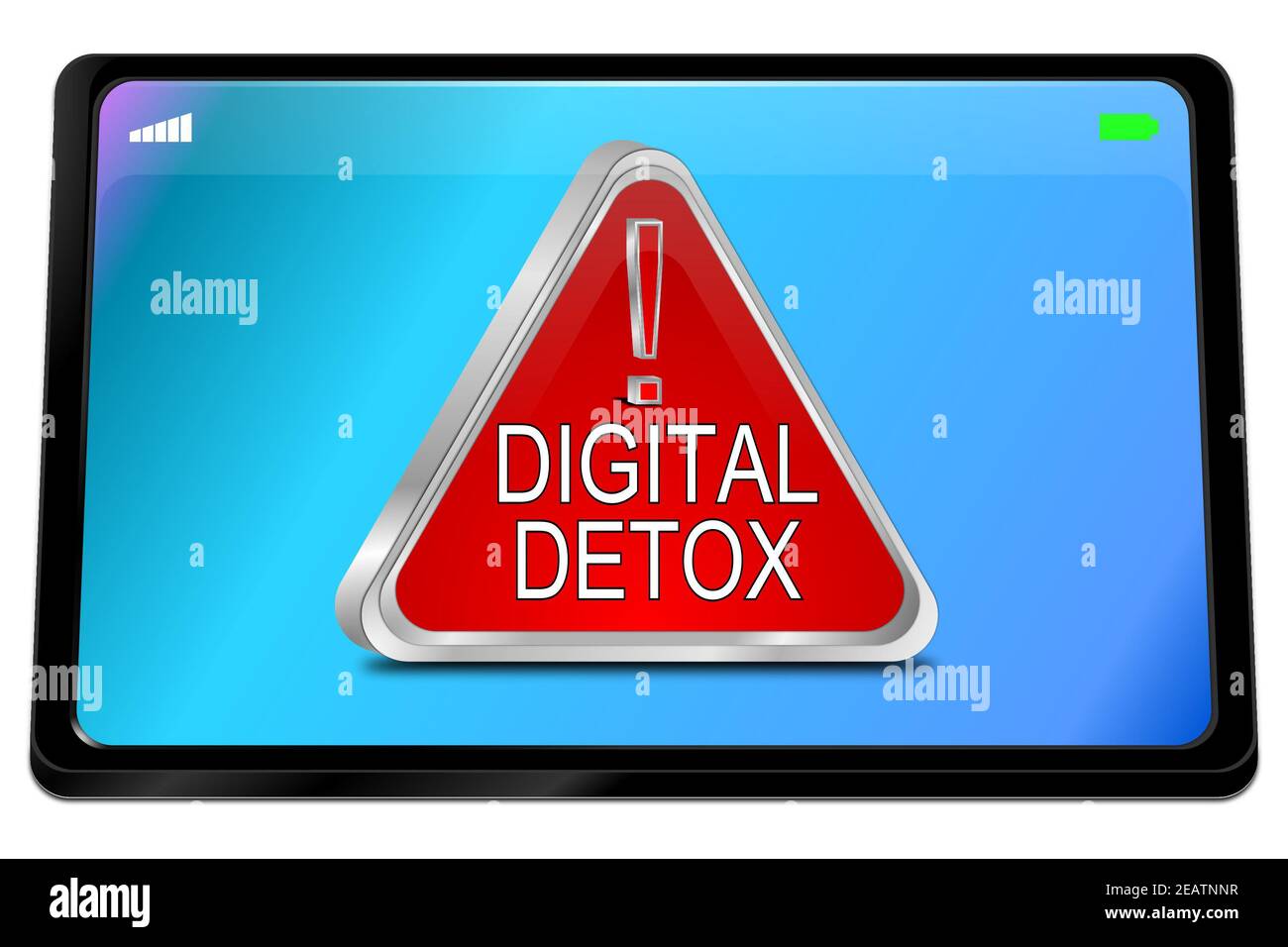 Tablet computer with red Digital Detox Button on blue desktop - 3D illustration Stock Photo