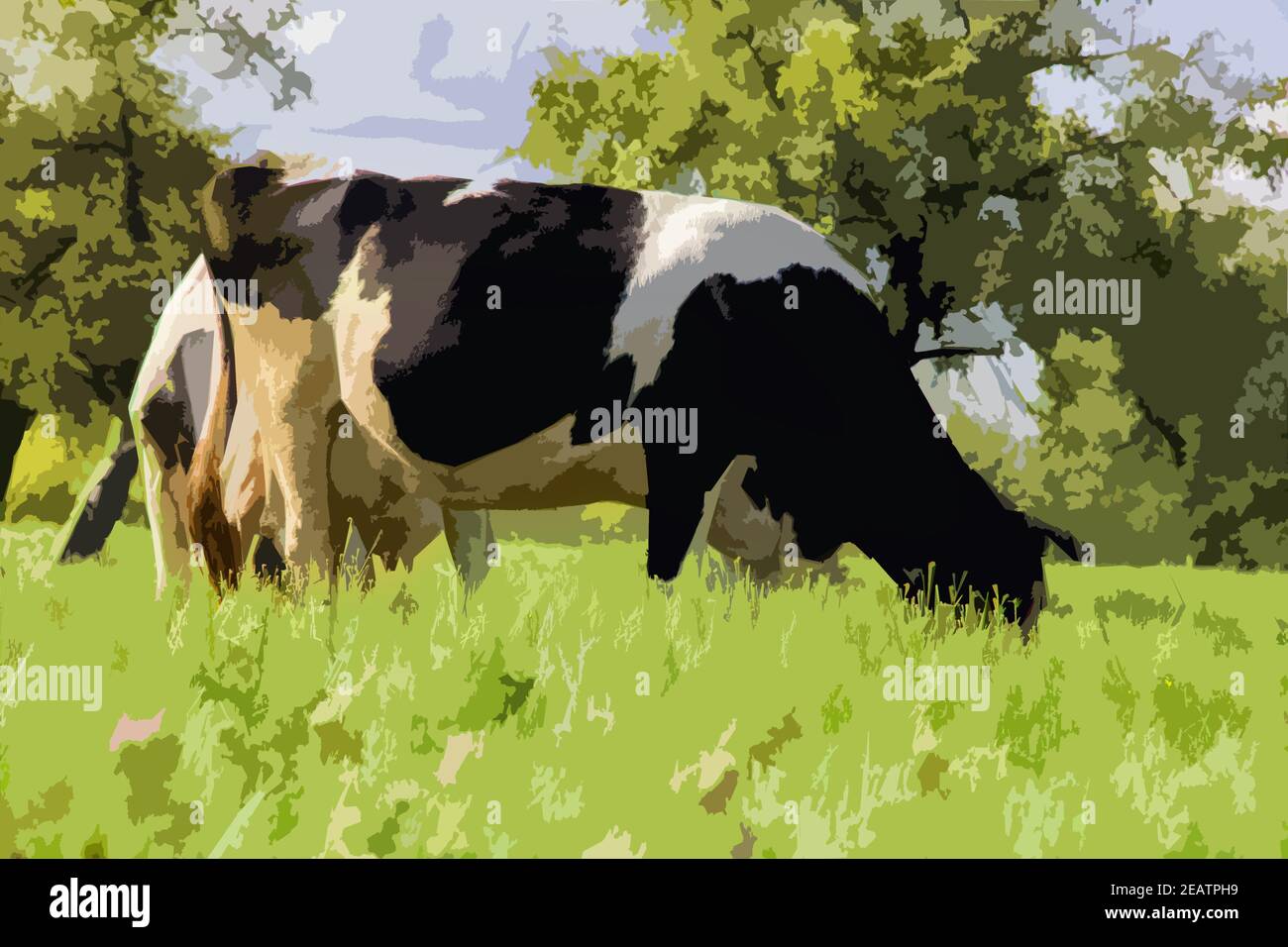Illustration of spotted cow grazes in a green meadow Stock Photo - Alamy