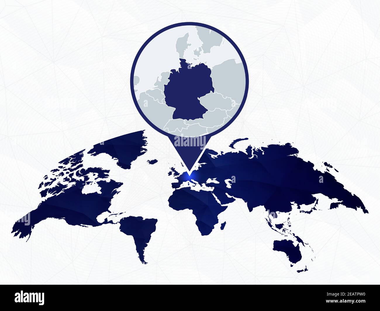 Germany detailed map highlighted on blue rounded World Map. Map of Germany in circle. Stock Vector
