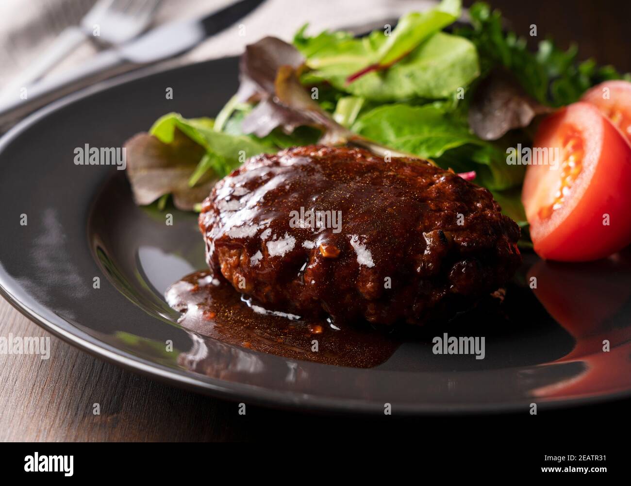 Hamburger served on a plate Stock Photo