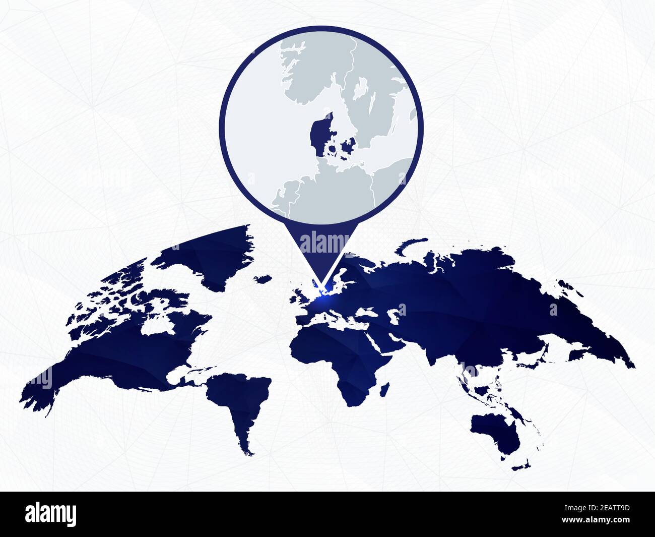 Denmark detailed map highlighted on blue rounded World Map. Map of Denmark in circle. Stock Vector