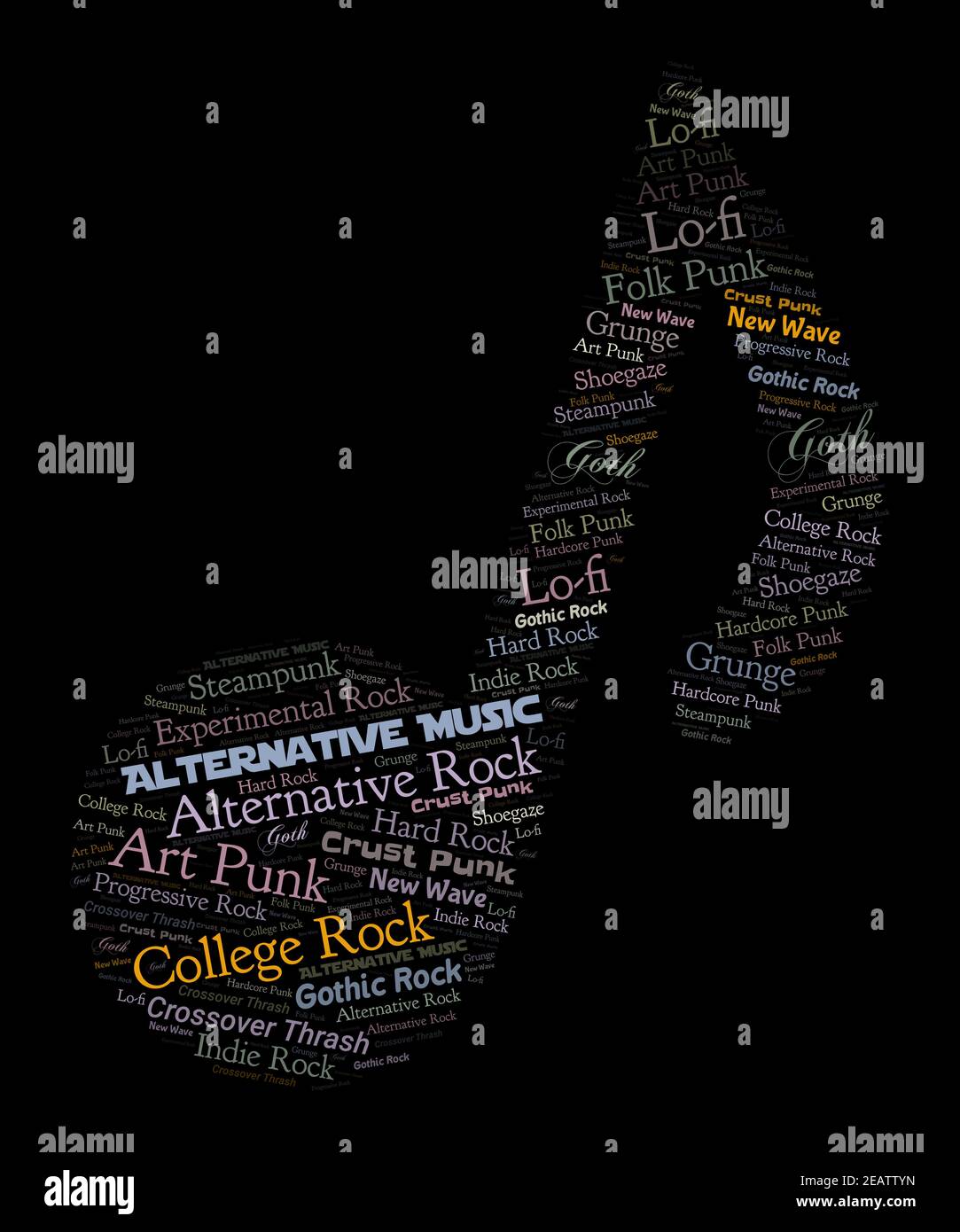 Alternative music word cloud graphic in a music note, features the subgenres of lo-fi, new wave, crust punk, grunge, art punk, gothic rock, alternativ Stock Photo