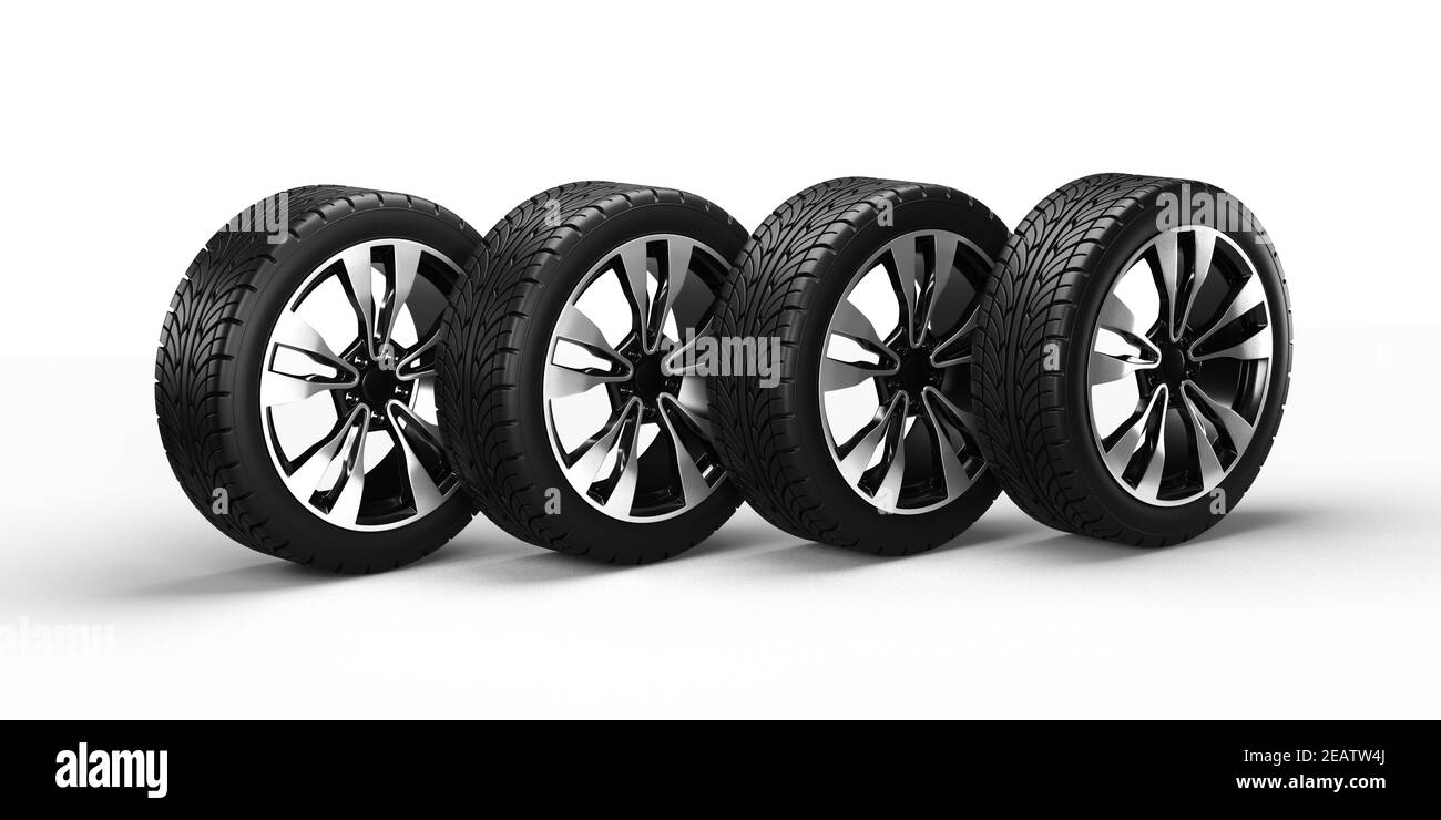 Four car wheels isolated on white background, in a row. 3D rendering illustration. Stock Photo