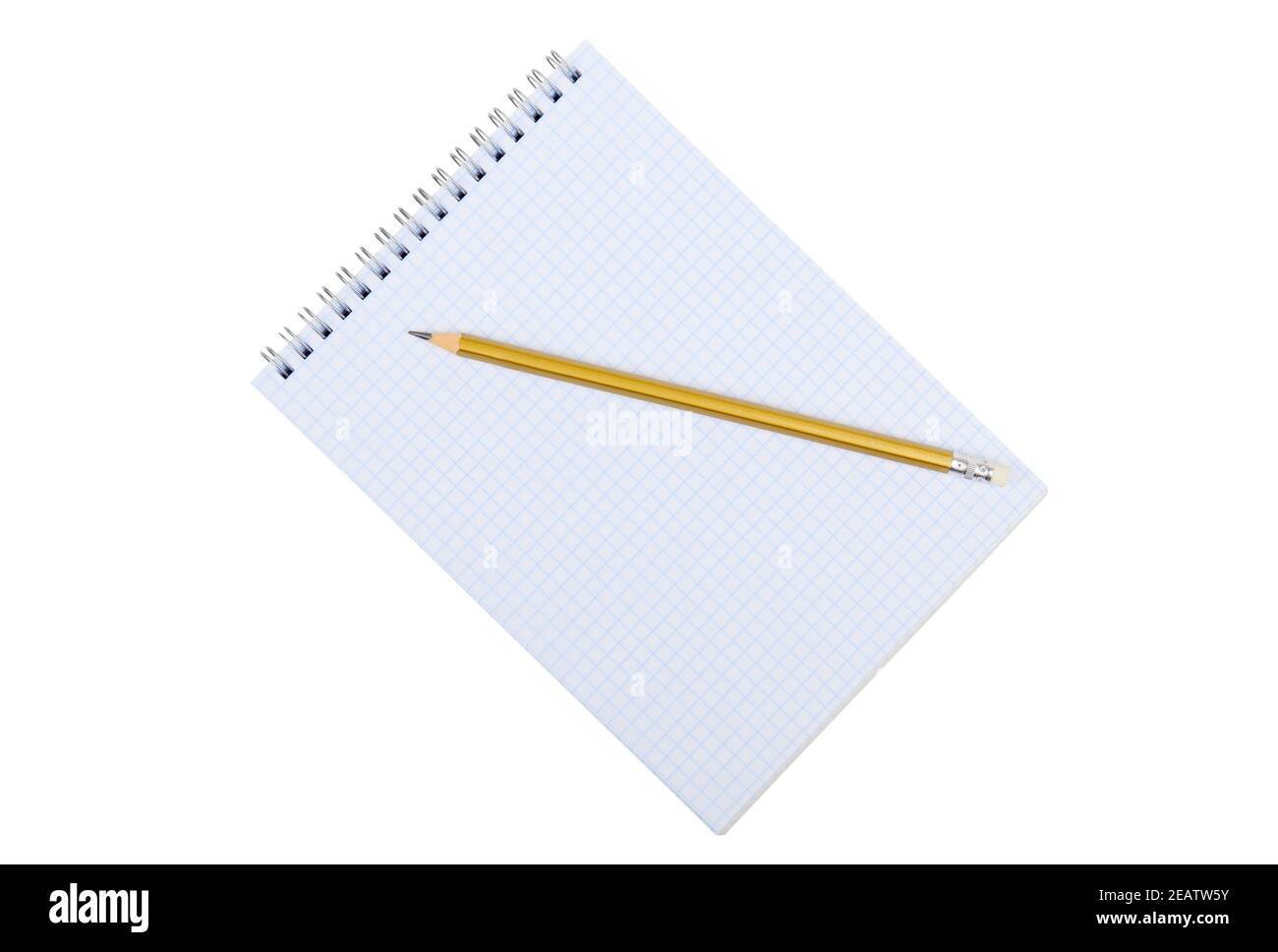 Notebook and pencil isolated on white background, close up, top view Stock Photo