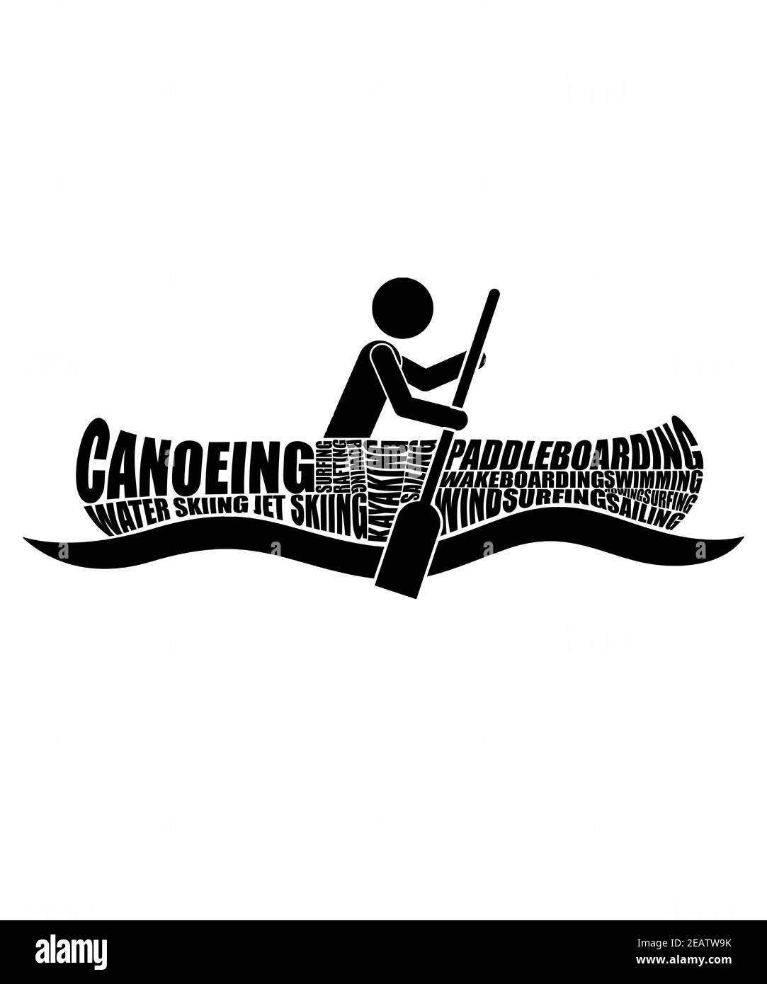 Boat watersport word cloud graphic illustration with a stick person in a kayak shape with words, canoeing, paddleboarding, water skiing, jet skiing, w Stock Photo
